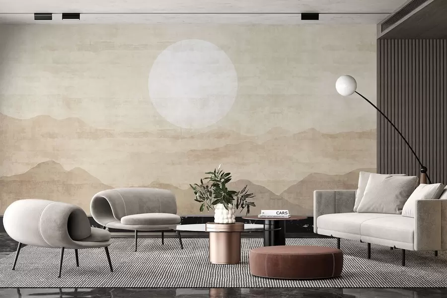 fototapeter Minimalistisk fjellandskap med stor hvit sol w04345
