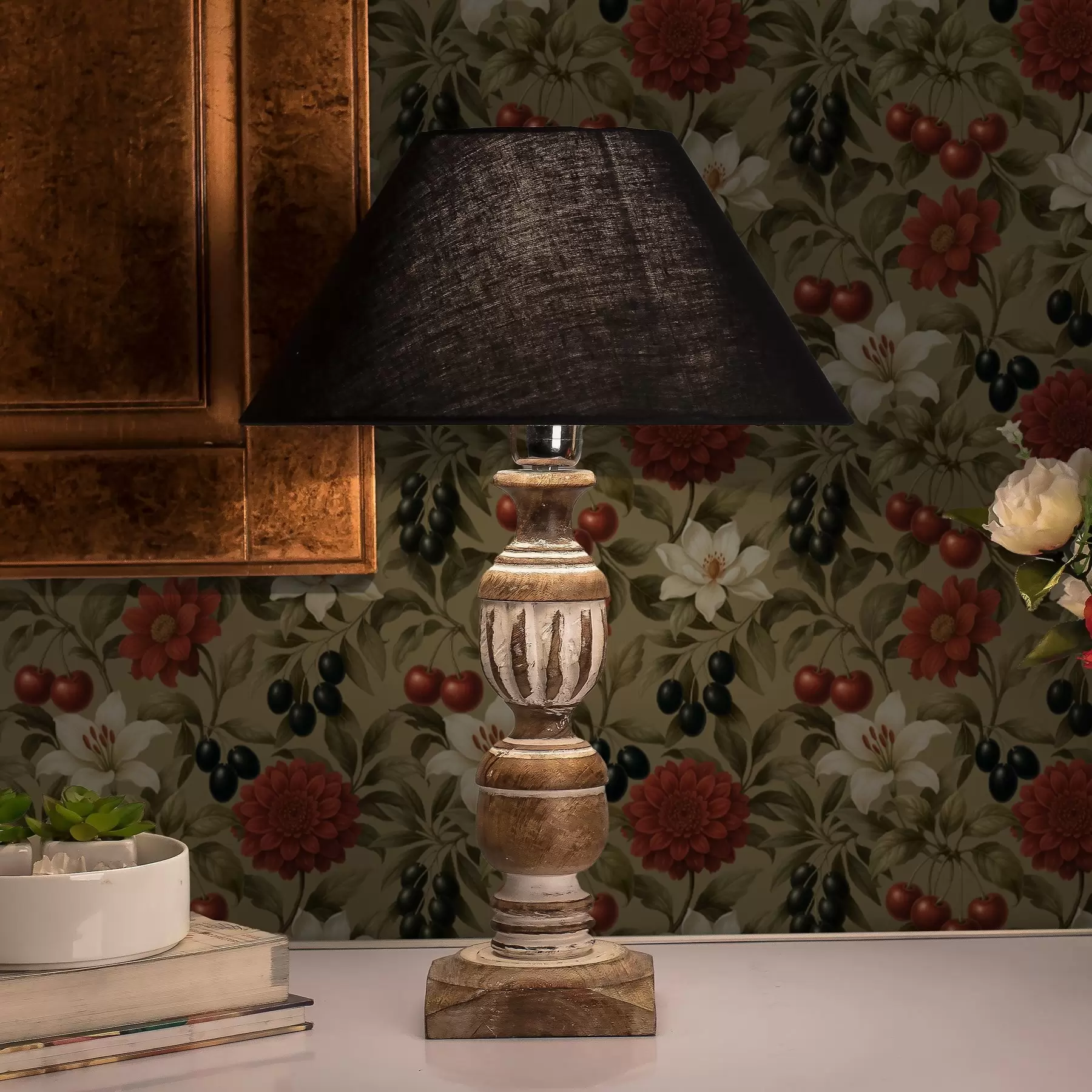 fototapeter Kirsebær, blomster og svarte oliven a00384