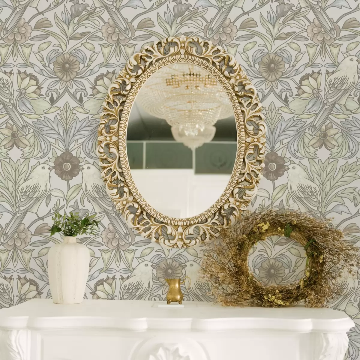 Bakgrunn Art Nouveau-fugler og pastellstiliserte blomster a00385