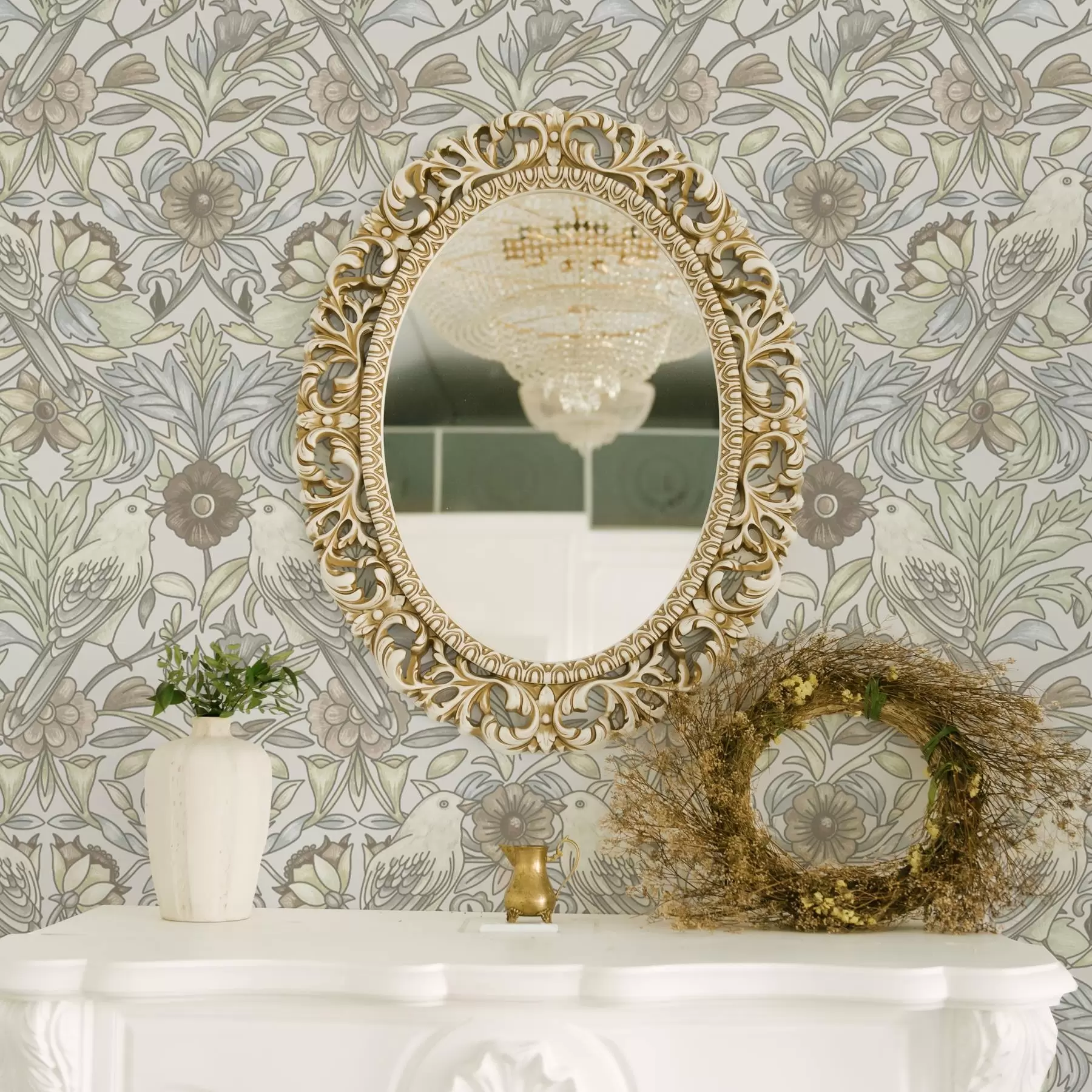 fototapeter Art Nouveau-fugler og pastellstiliserte blomster a00385