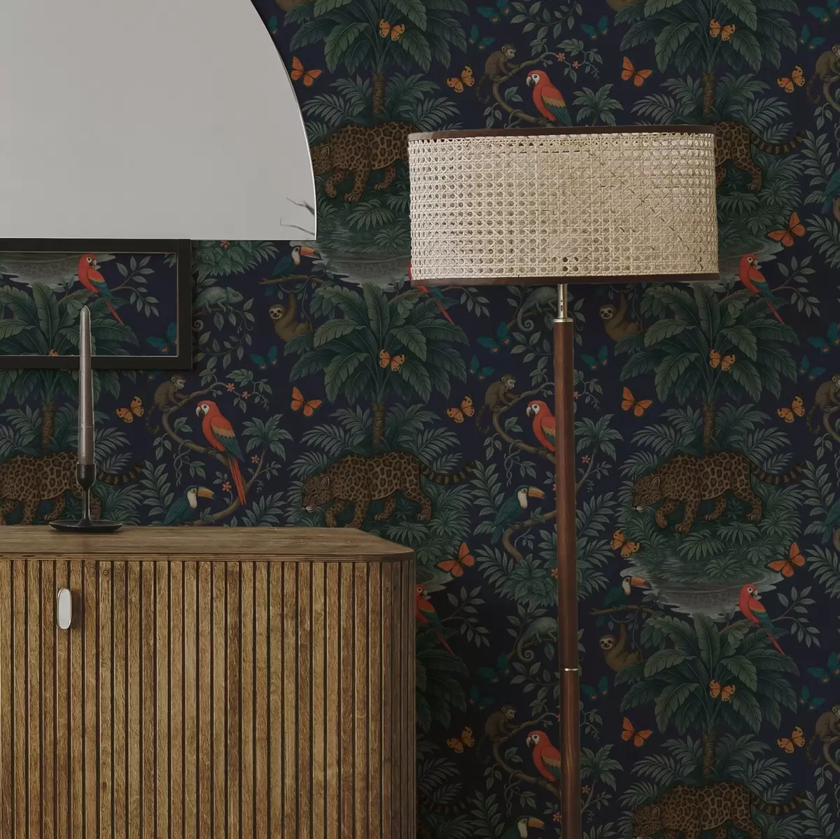 Bakgrunn Tropisk jungel med leopard, leopard, papegøyer og sommerfugler a00388