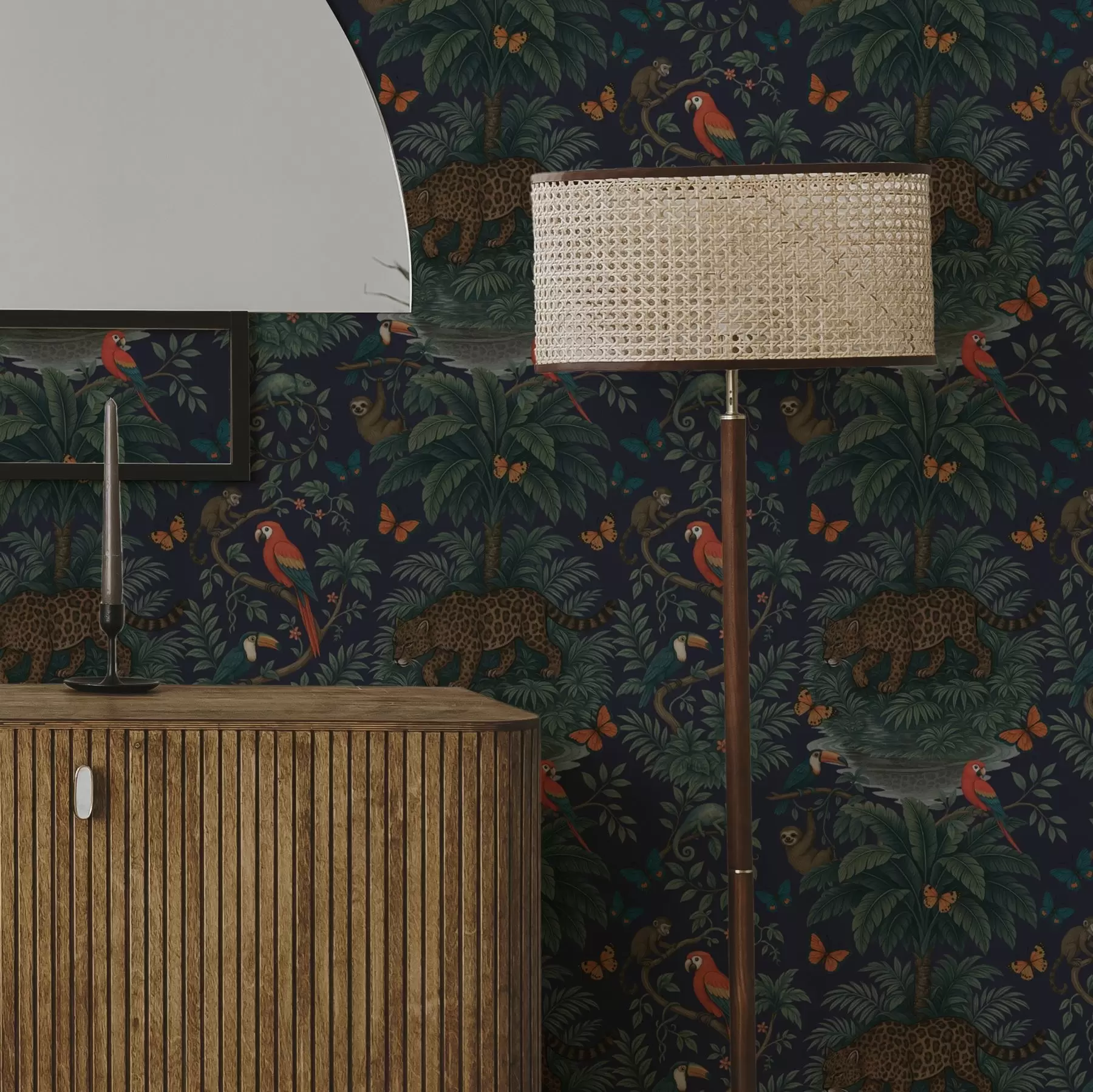 fototapeter Tropisk jungel med leopard, leopard, papegøyer og sommerfugler a00388