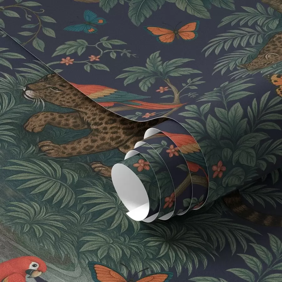 fototapeter Tropisk jungel med leopard, leopard, papegøyer og sommerfugler a00388