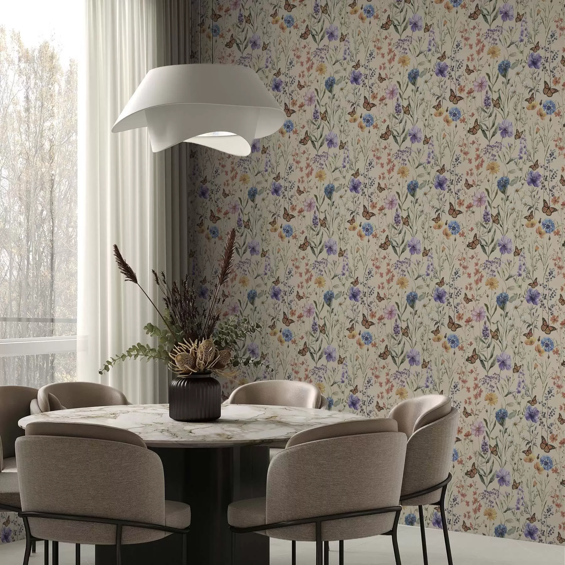 fototapeter Villblomster og sommerfugler i myk akvarellstil a00389