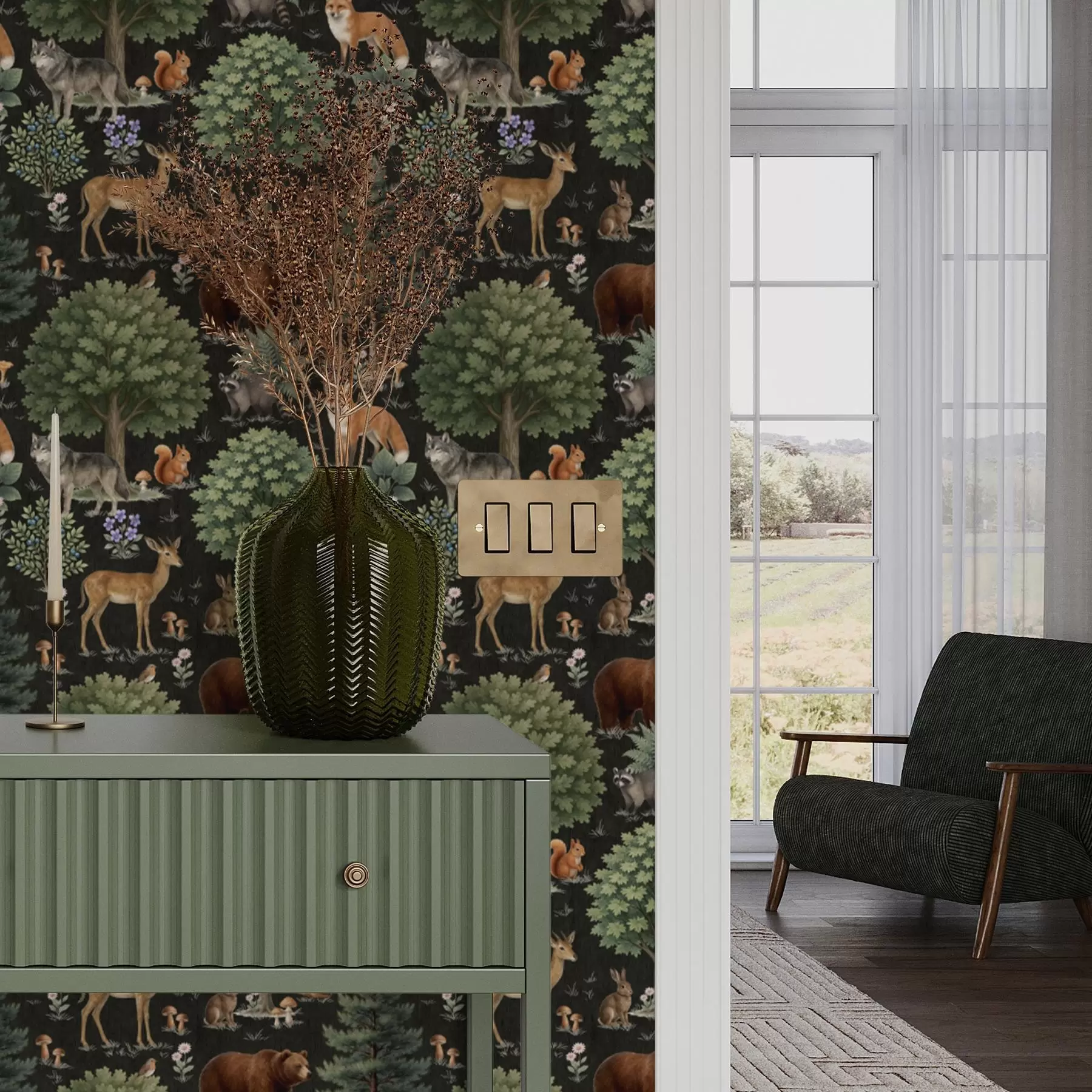 fototapeter Akvarell av skogsdyr med trær og sopp a00391