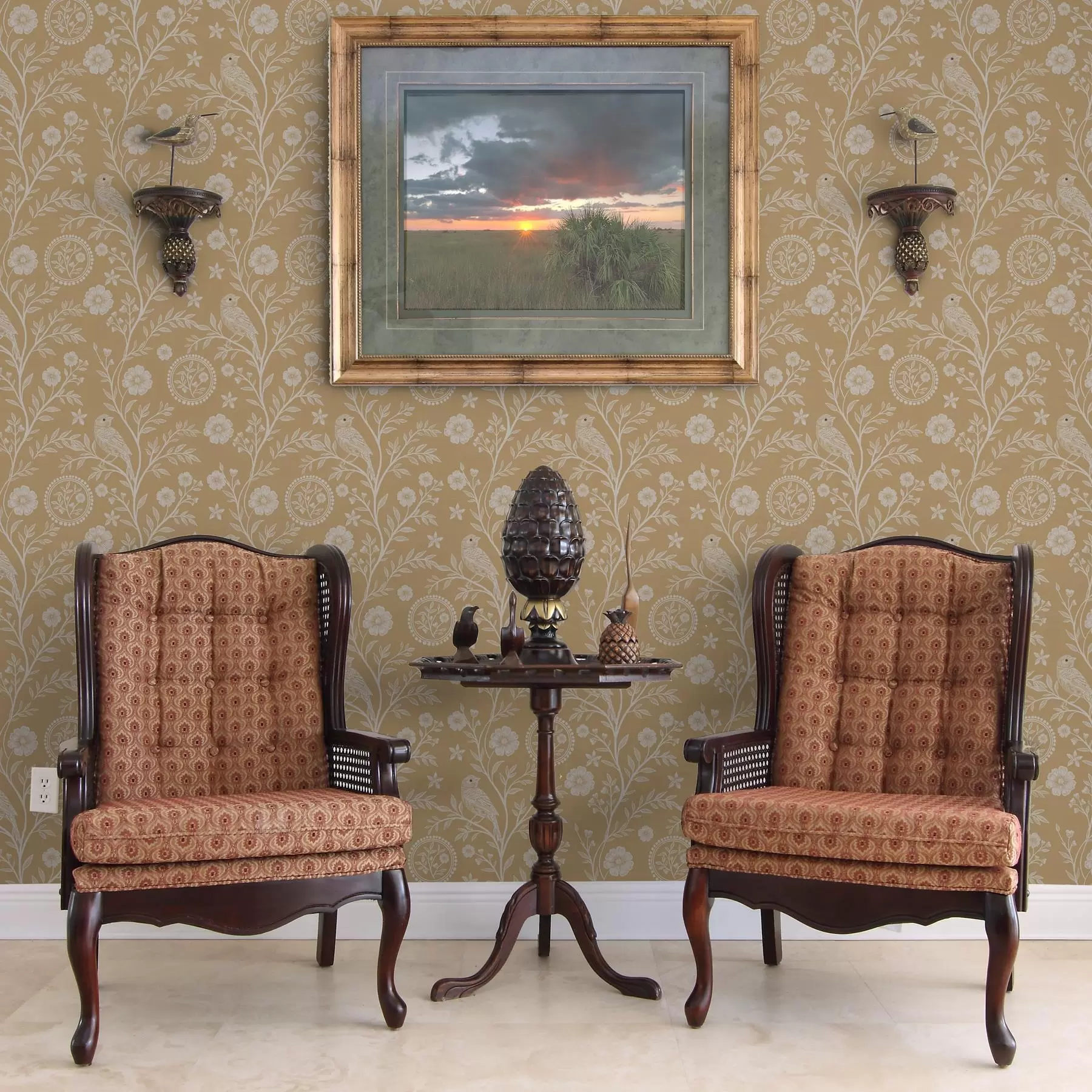 fototapeter Delikat skisse av en hvit fugl og blomst hvit fugl og blomst på okerfarget bakgrunn a00393