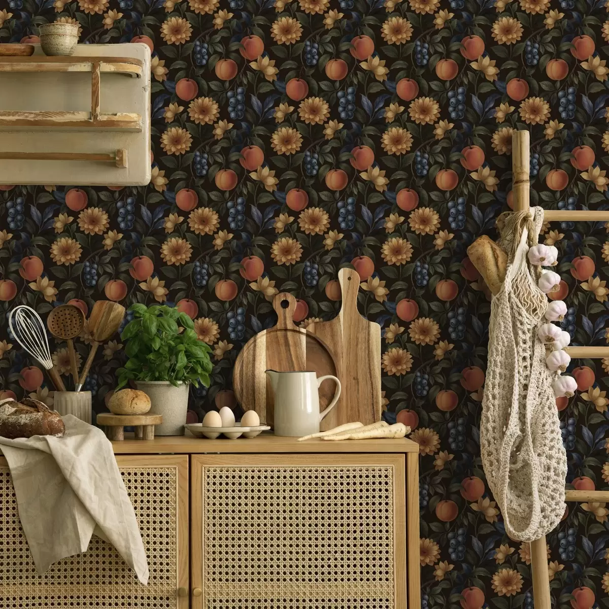 Bakgrunn Frukt og gule blomster på mørk botanisk bakgrunn a00395