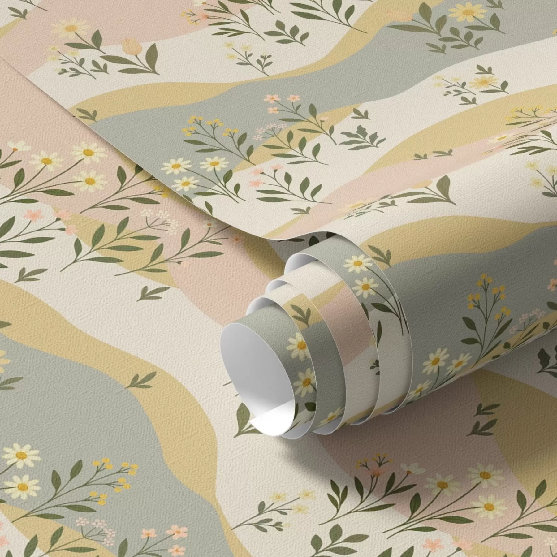 fototapeter Bølgende engblomster i pastellfarget minimalistisk stil a00396