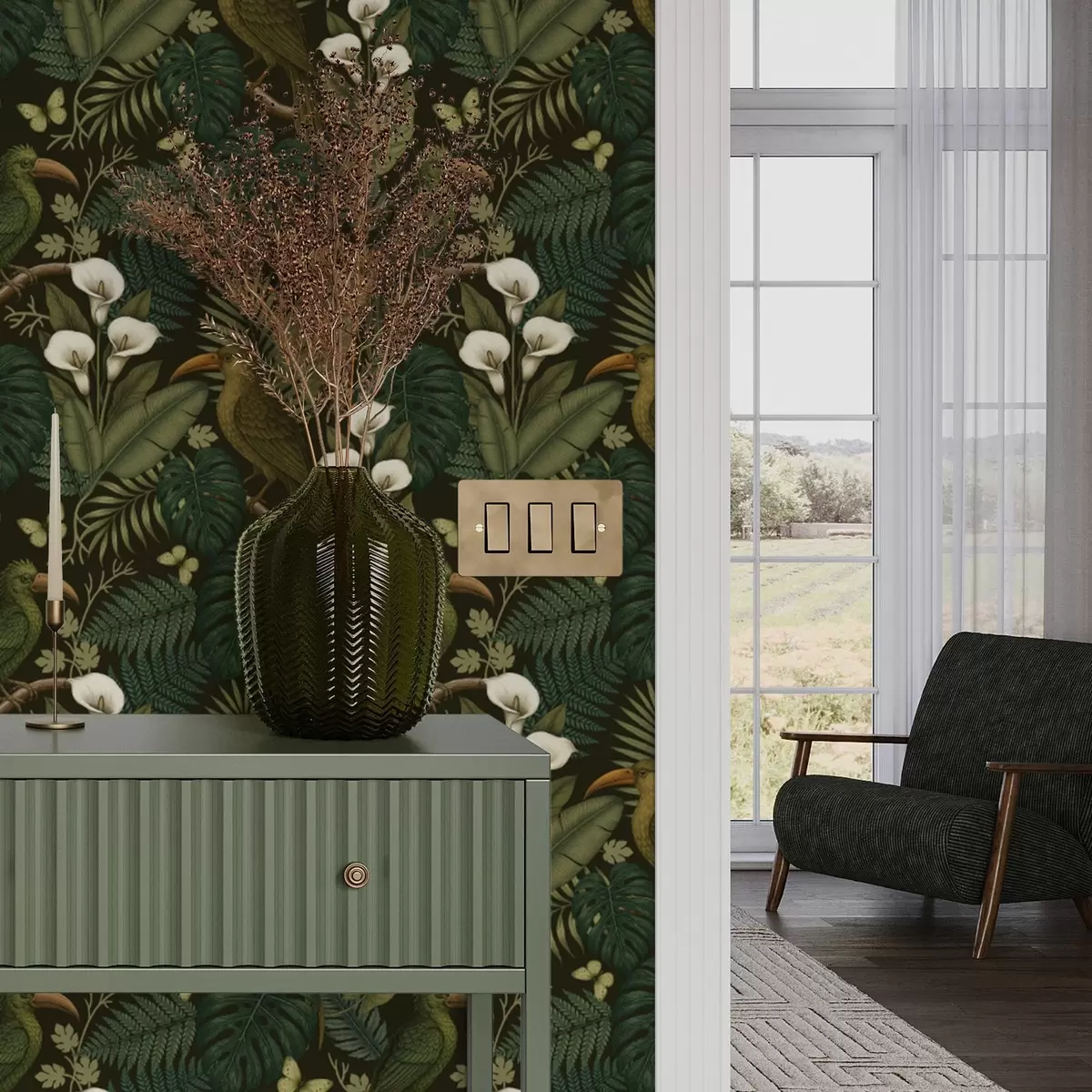 Bakgrunn Tropiske fugler og frodig grønt på mørk jungelbakgrunn a00397