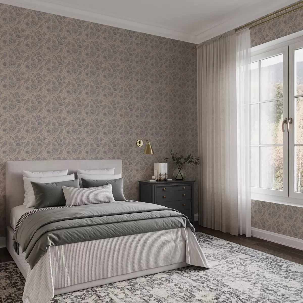 Bakgrunn Vintage-fugler og blomster på en myk beige bakgrunn a00423