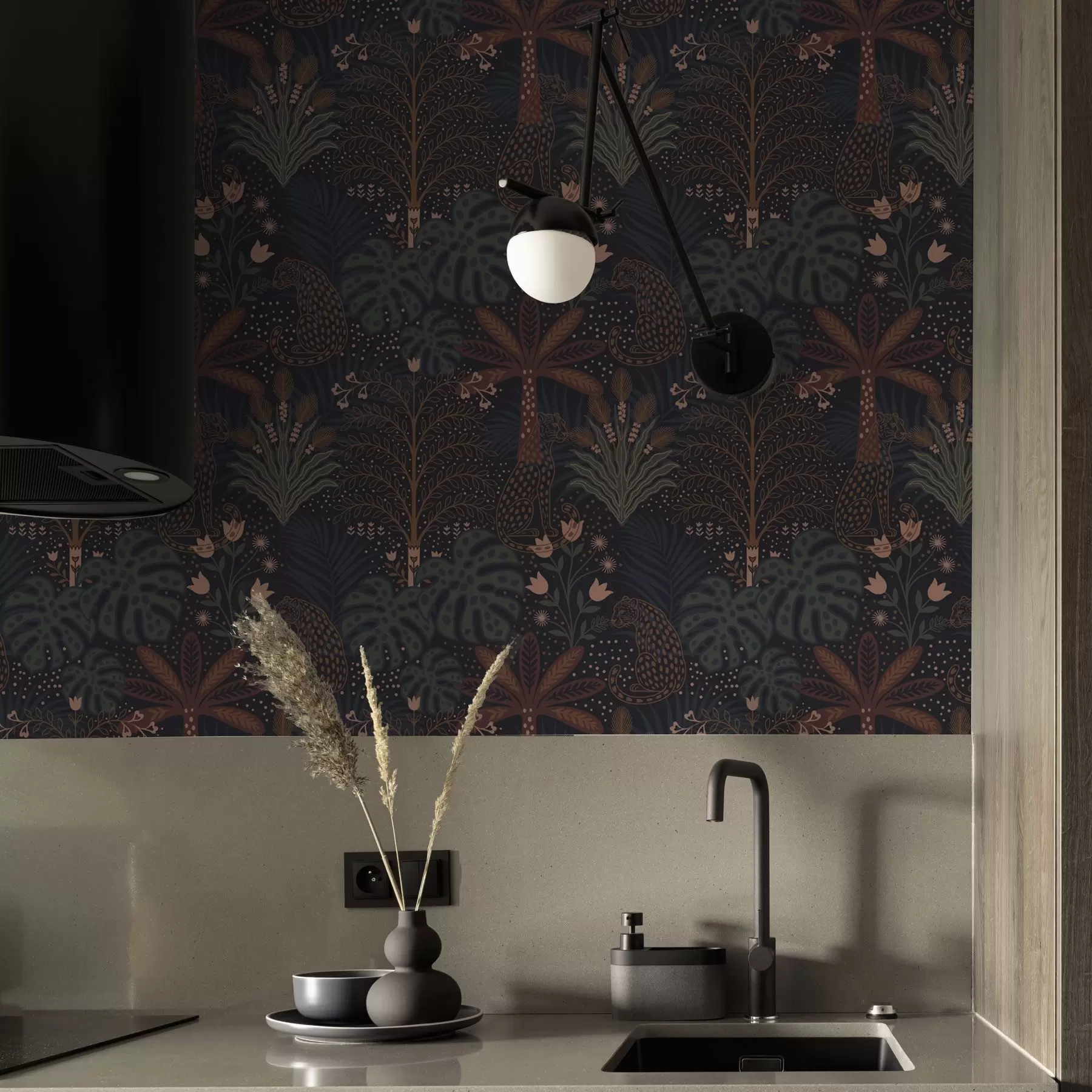 fototapeter Mørk jungel med leoparder, palmer og blomster a00424