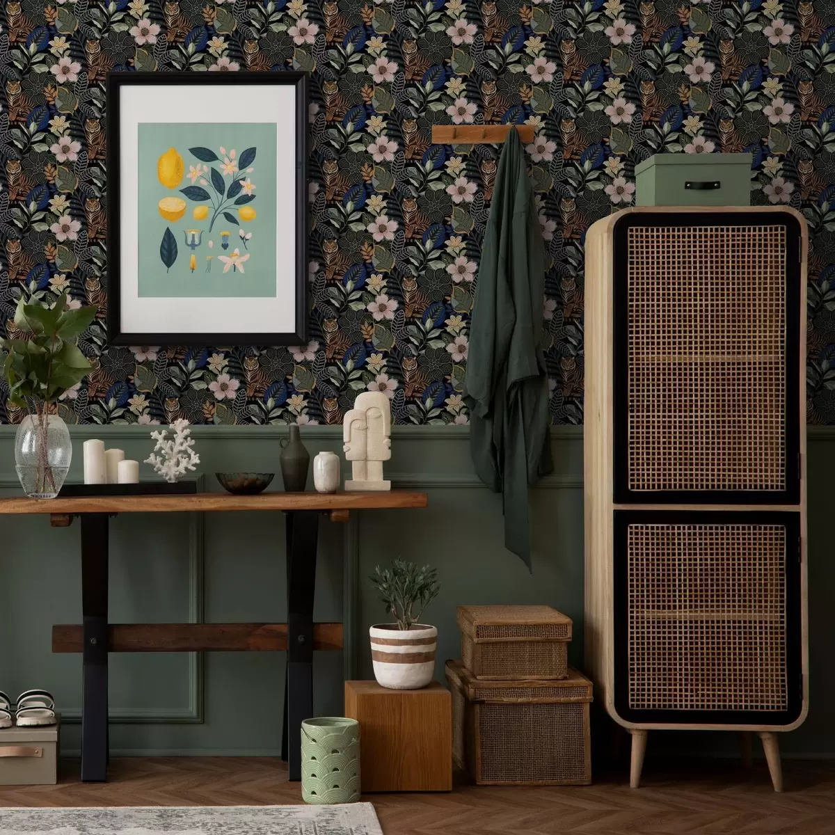 Bakgrunn Tigre blant tropiske blomster og blader a00426