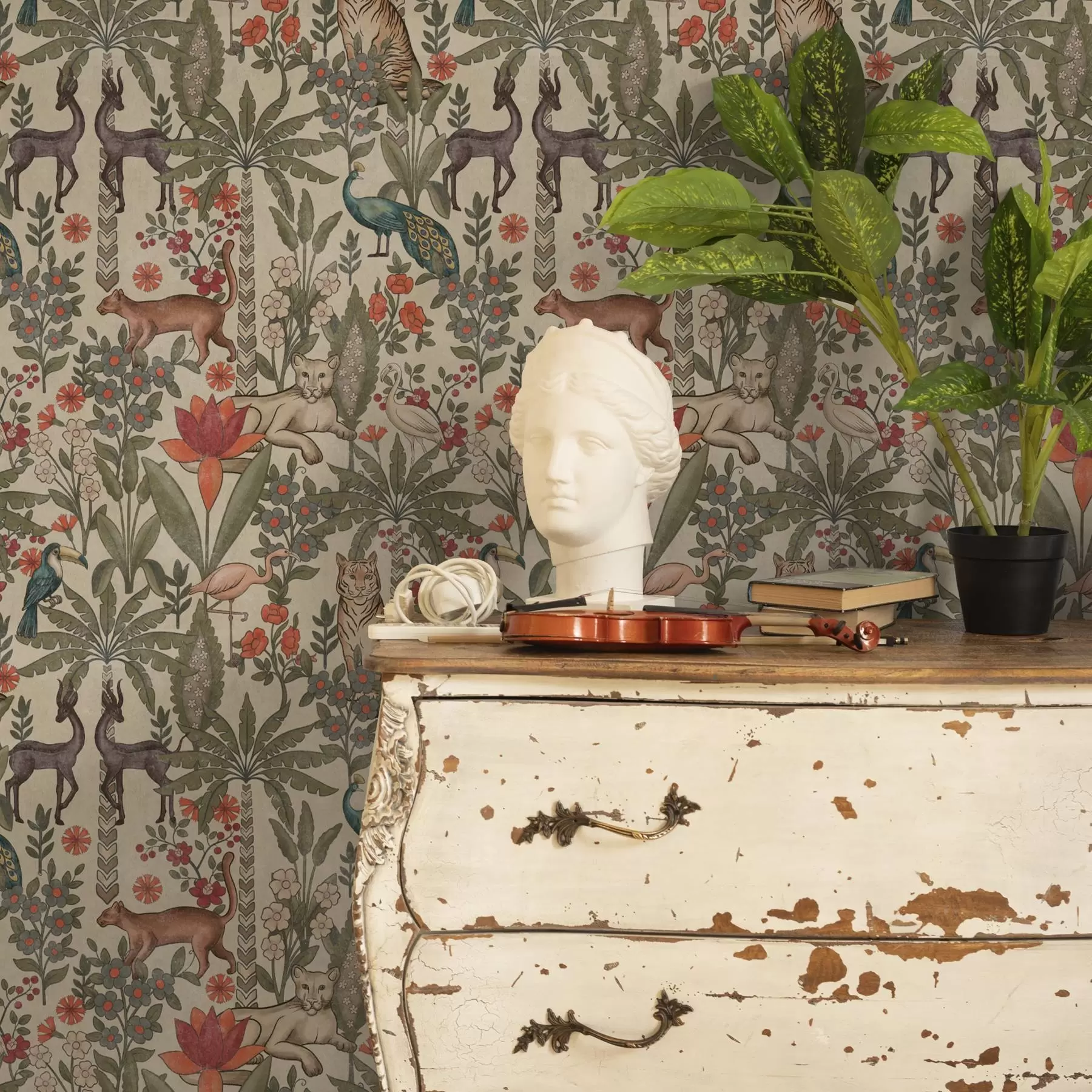 fototapeter Retro stil: Dyr og blomster på en vintage-bakgrunn a00431