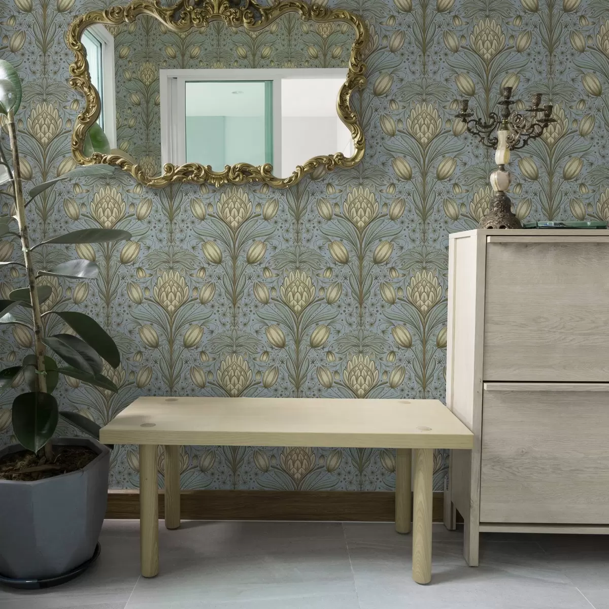 Bakgrunn Blått mønster med artisjokker og tulipaner a00435