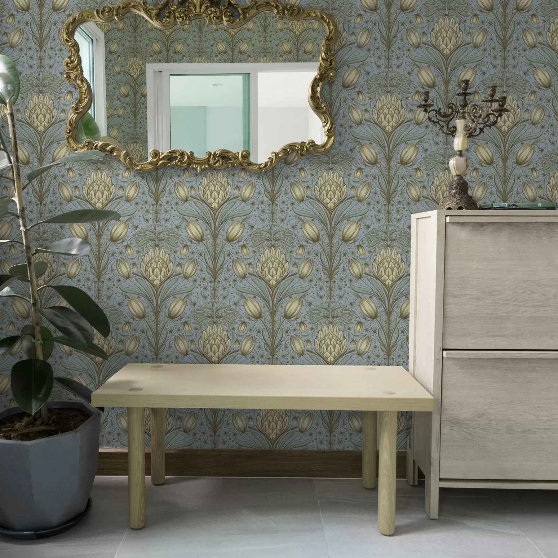 fototapeter Blått mønster med artisjokker og tulipaner a00435