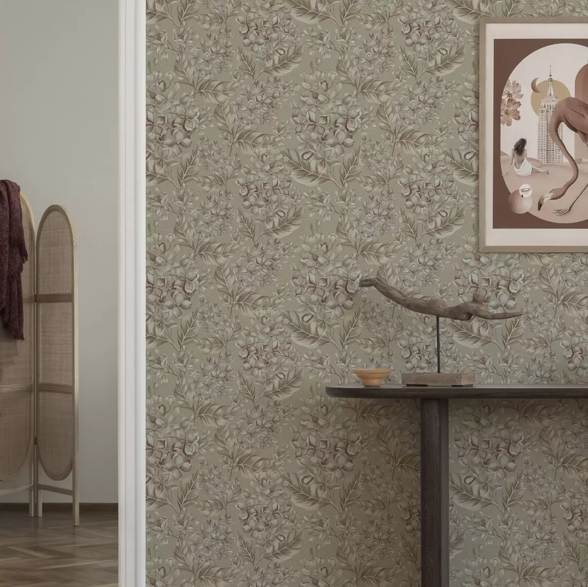 Bakgrunn Beige grener med hvite blomster i varme nyanser a00441