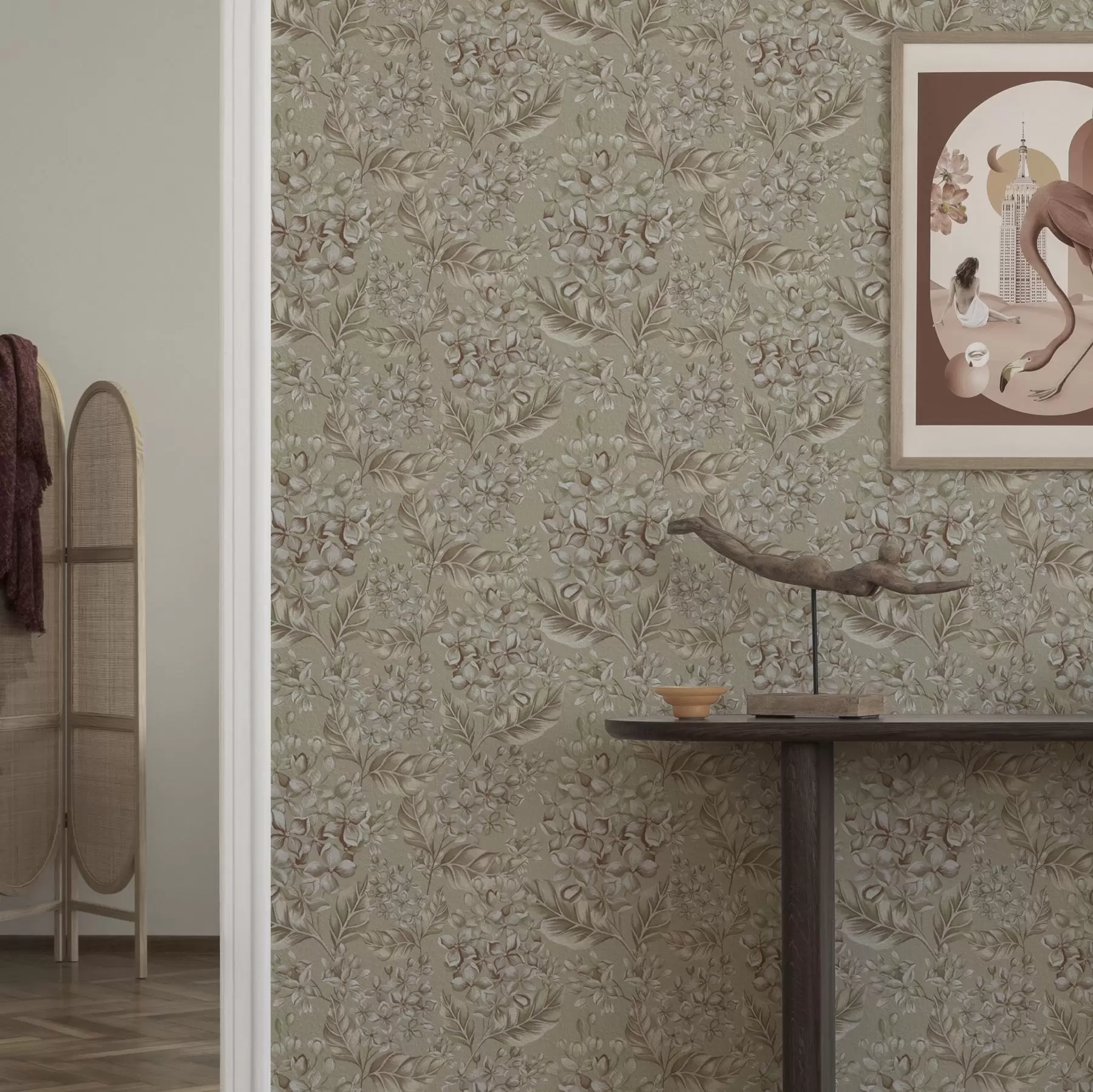 fototapeter Beige grener med hvite blomster i varme nyanser a00441