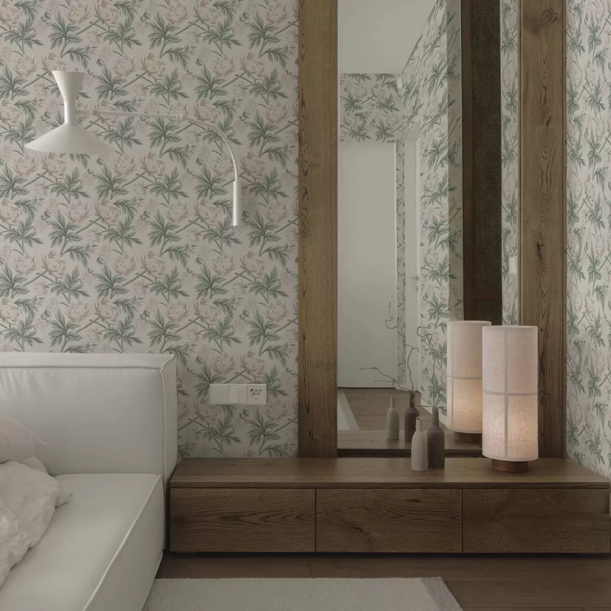 Bakgrunn Frodige peoner i lys beige og grønn beige og grønn a00445