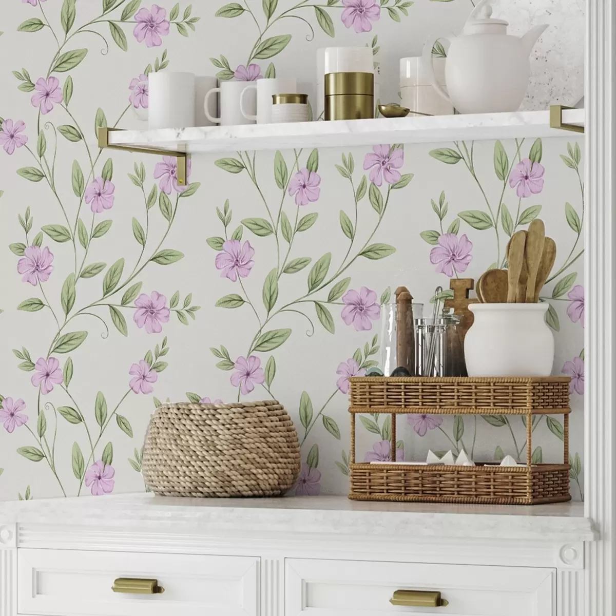 Bakgrunn Rosa blomster med grønne lianer på kremfarget bakgrunn a00453