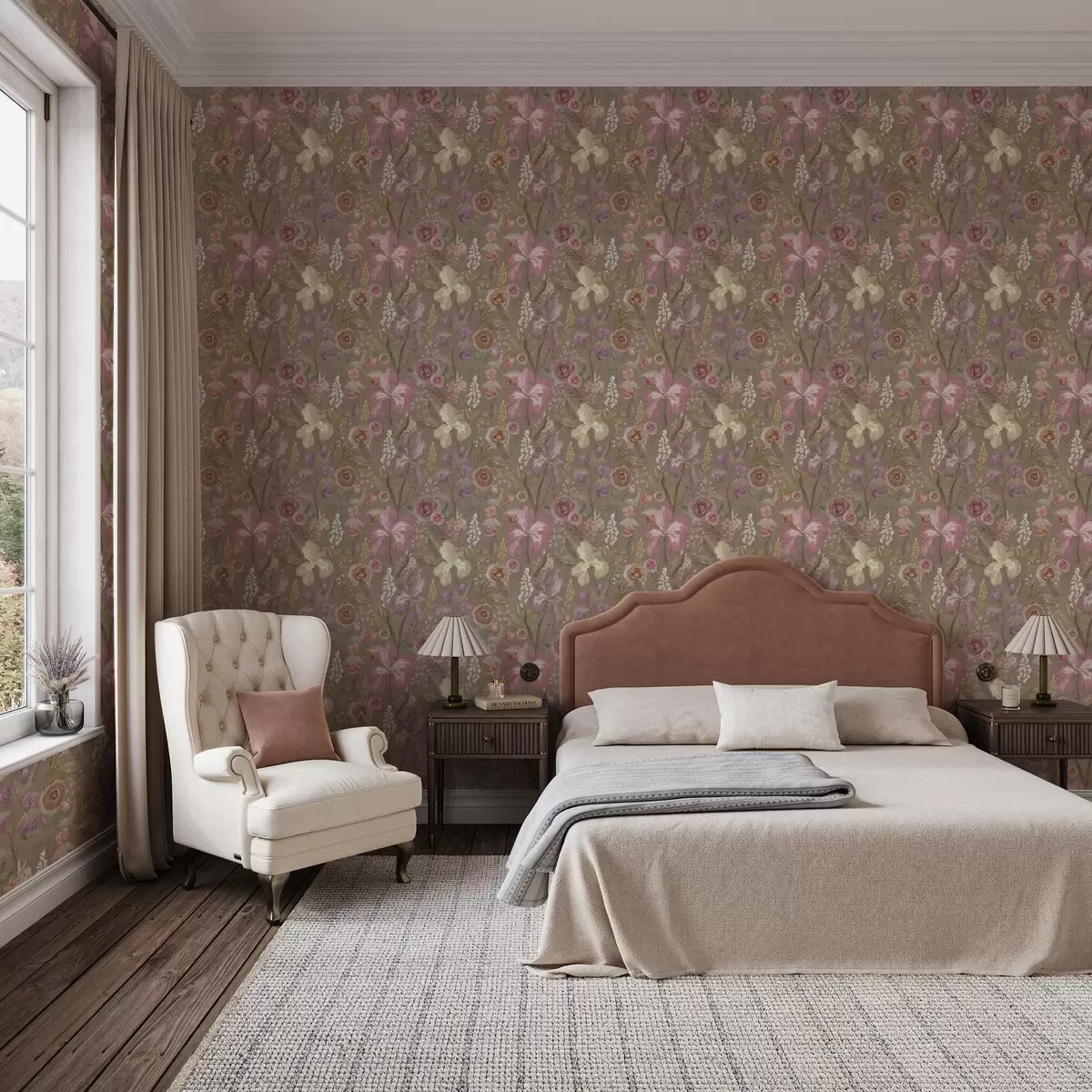 Bakgrunn Vintage rosa irisblomstermønster på beige teksturert bakgrunn a00457