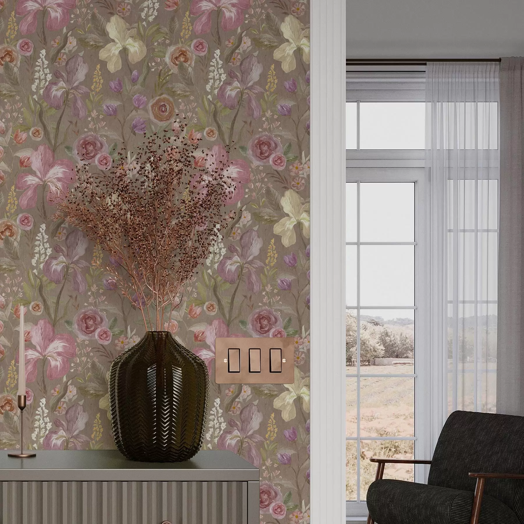 fototapeter Vintage rosa irisblomstermønster på beige teksturert bakgrunn a00457