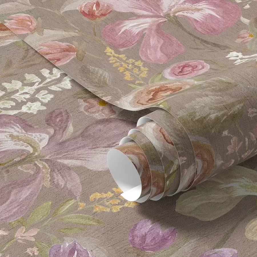 fototapeter Vintage rosa irisblomstermønster på beige teksturert bakgrunn a00457