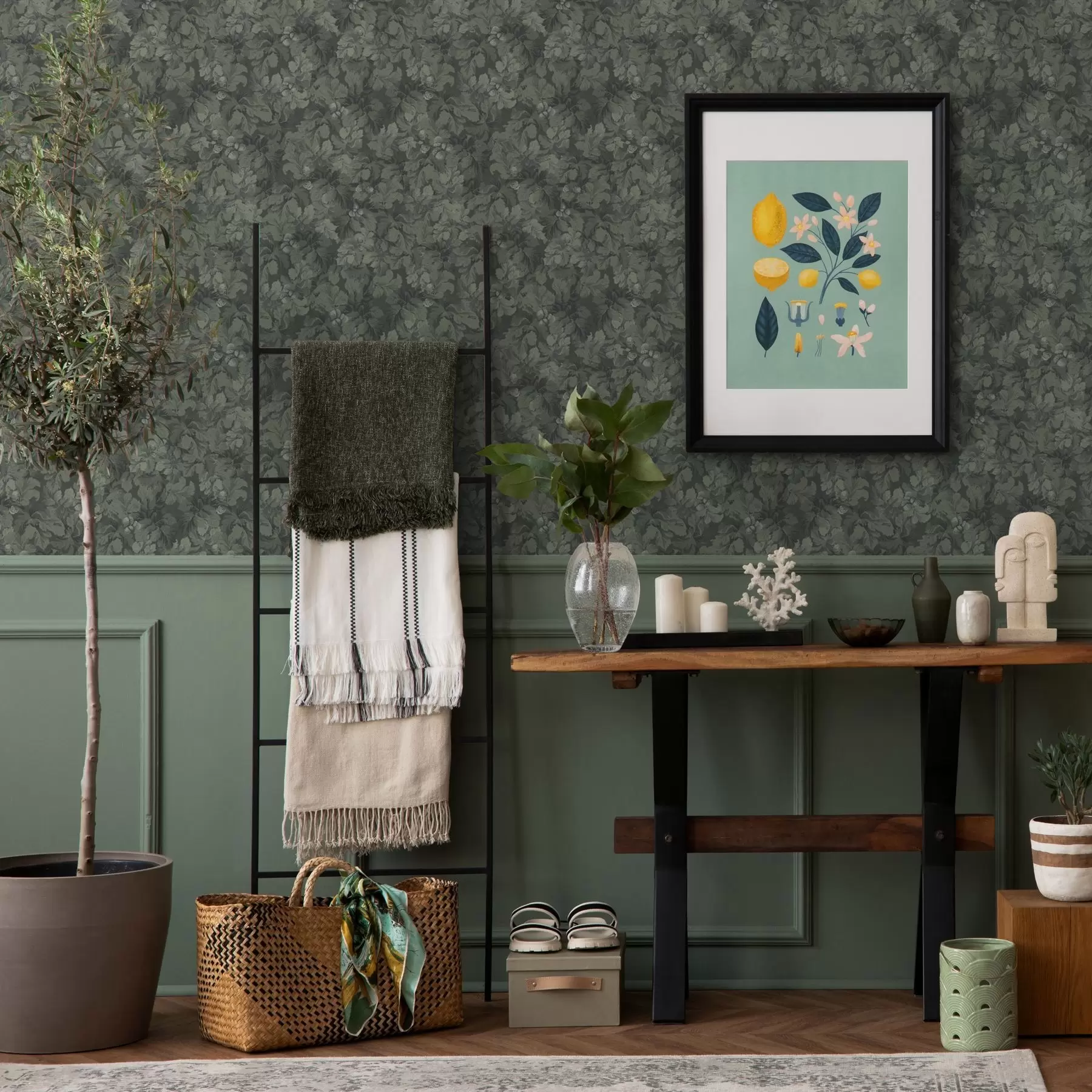 fototapeter Mørk bladstruktur med eikenøtter i dyp grønn farge a00461