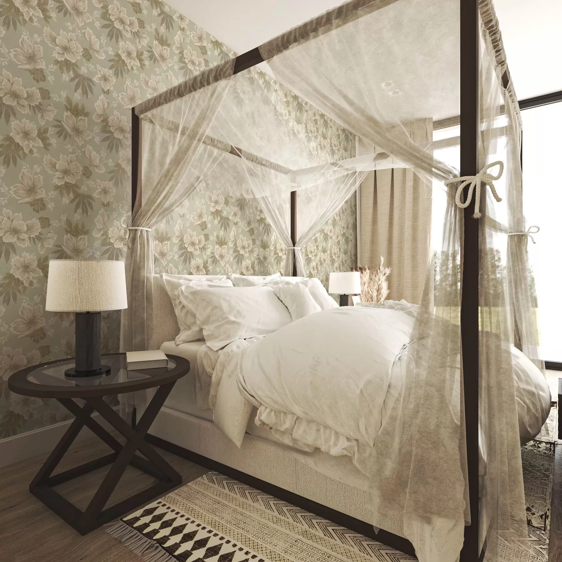 fototapeter Kremfargede blomster på olivengrønn bakgrunn a00462