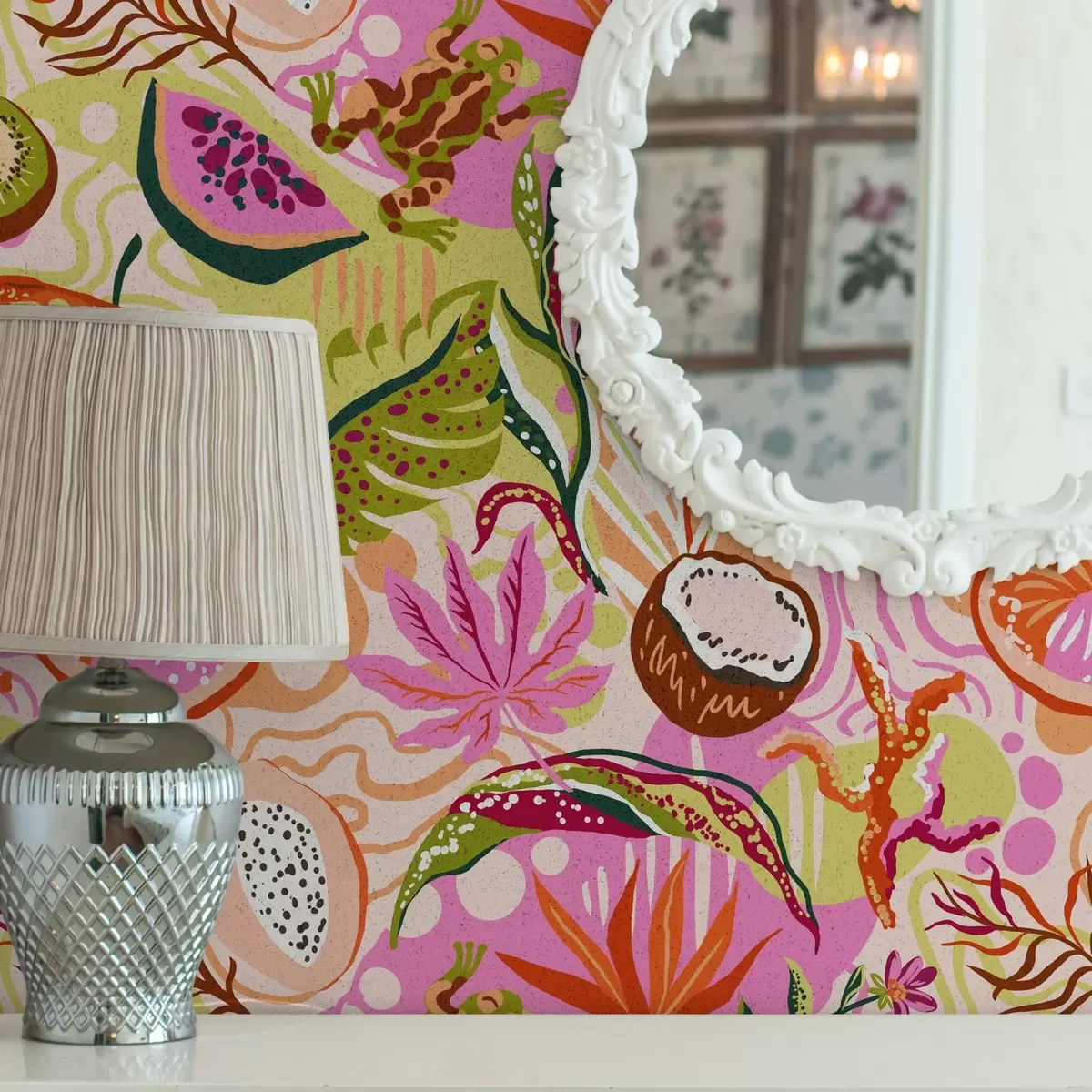 Bakgrunn Eksotiske frukter, blader og kameleoner i tropisk stil a00469