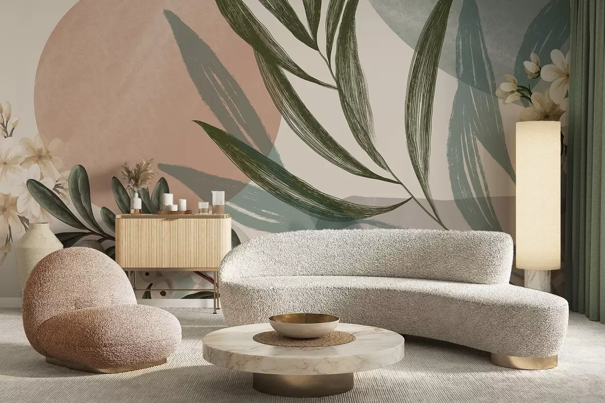 fototapeter Abstrakt botanisk kunst med grønne palmeblader og hvite bær, mot en bakgrunn av former i dempede jordfarger w09312