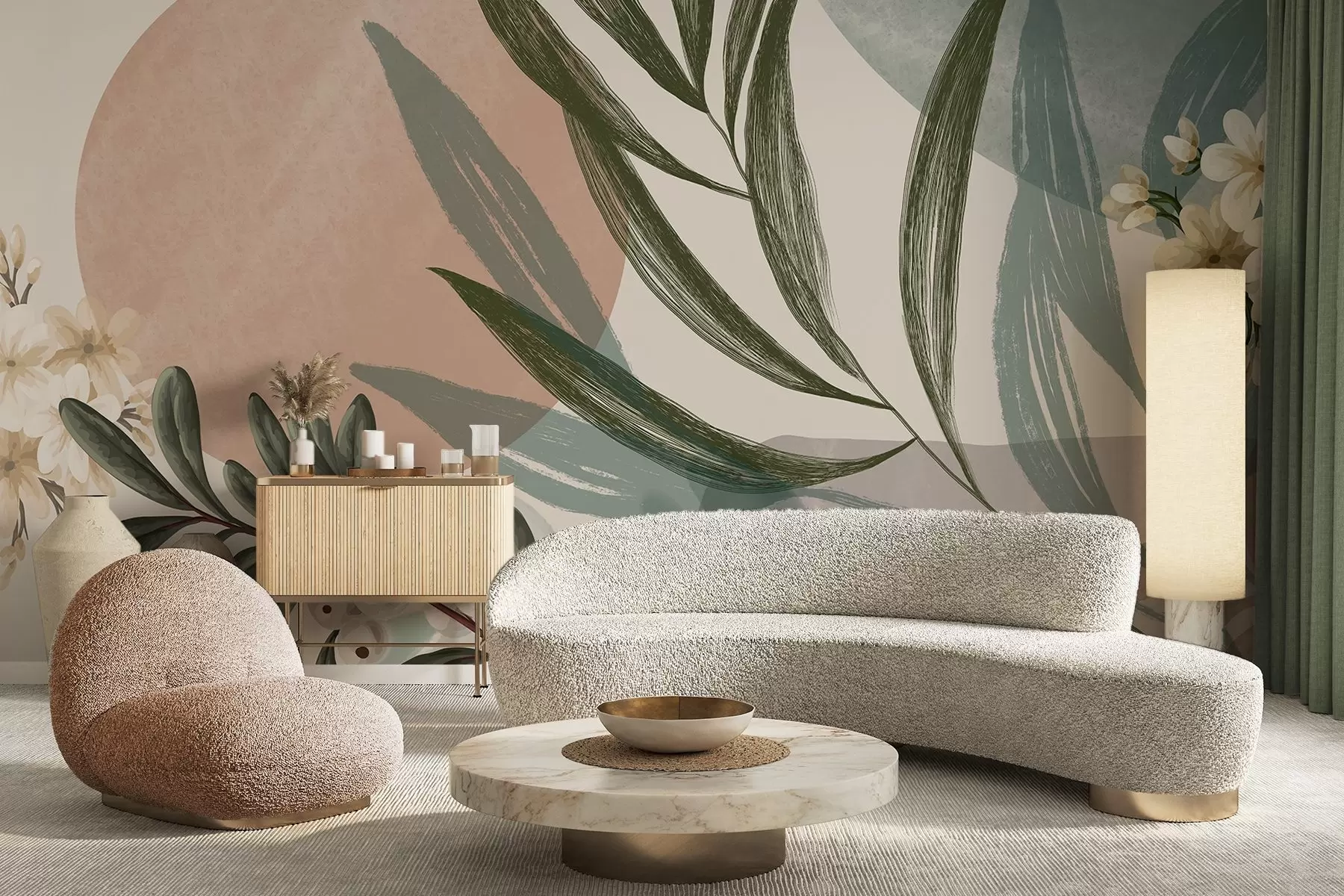 fototapeter Abstrakt botanisk kunst med grønne palmeblader og hvite bær, mot en bakgrunn av former i dempede jordfarger w09312