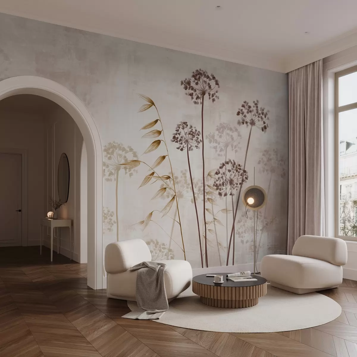 fototapeter Tegning av tørkede blomster med lange stilker, monokrom palett, mot en strukturert, lys beige bakgrunn, botanisk illustrasjon w09314v1