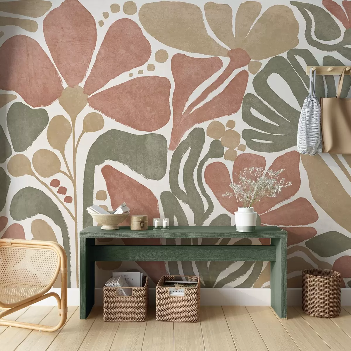 fototapeter Abstrakte blomster i nyanser av rødt, grønt og beige, med en lys bakgrunn, i et flatt, stilisert, moderne og minimalistisk design w09315
