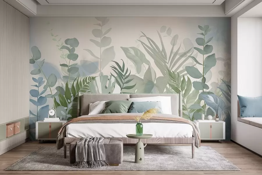fototapeter Pastellgrønne planter, bregner, monstera og eukalyptus, lett strukturert bakgrunn, myk belysning, fredelig, botanisk illustrasjon w09316