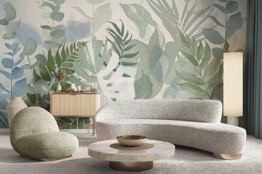 fototapeter Pastellgrønne planter, bregner, monstera og eukalyptus, lett strukturert bakgrunn, myk belysning, fredelig, botanisk illustrasjon w09316