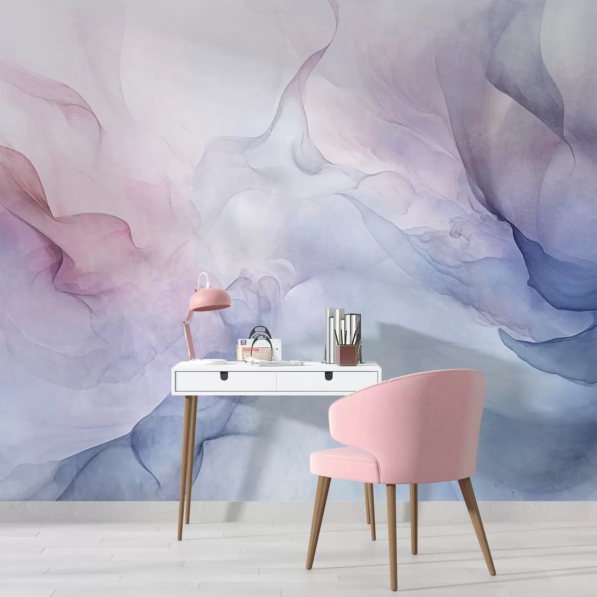 fototapeter Abstrakt, strukturert maleri med flytende pastellfarger i rosa, lilla og blått som skaper en myk effekt w09318