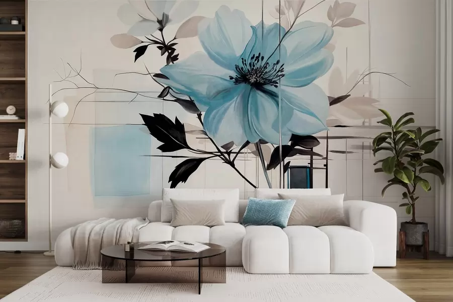 fototapeter Abstrakt blå blomst med mørke blader og grener, geometriske minimalistiske former og linjer i dempede farger w09332