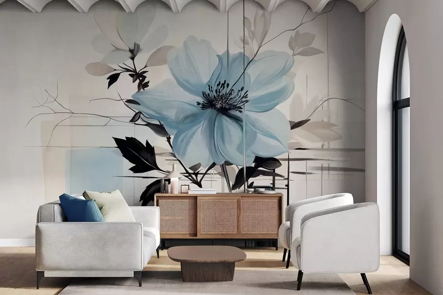 fototapeter Abstrakt blå blomst med mørke blader og grener, geometriske minimalistiske former og linjer i dempede farger w09332