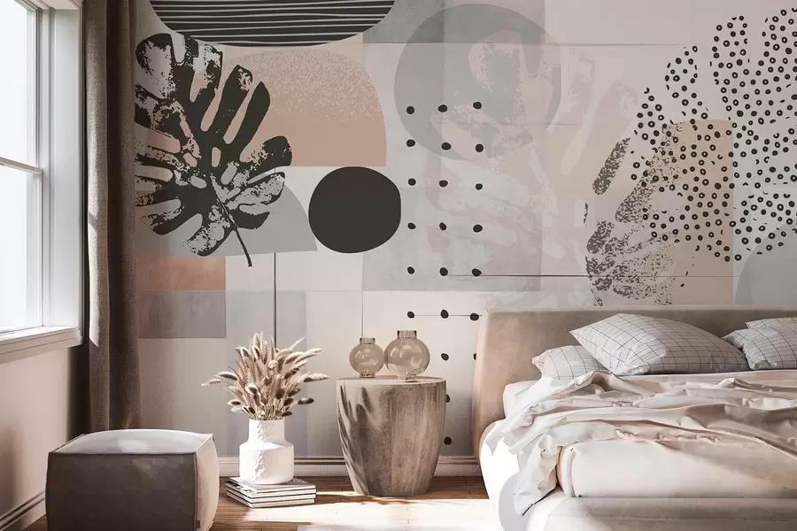 fototapeter Abstrakt trykk med geometriske former og tropiske monstera-blader, sirkler, prikker og linjer, moderne og minimalistisk design w09333