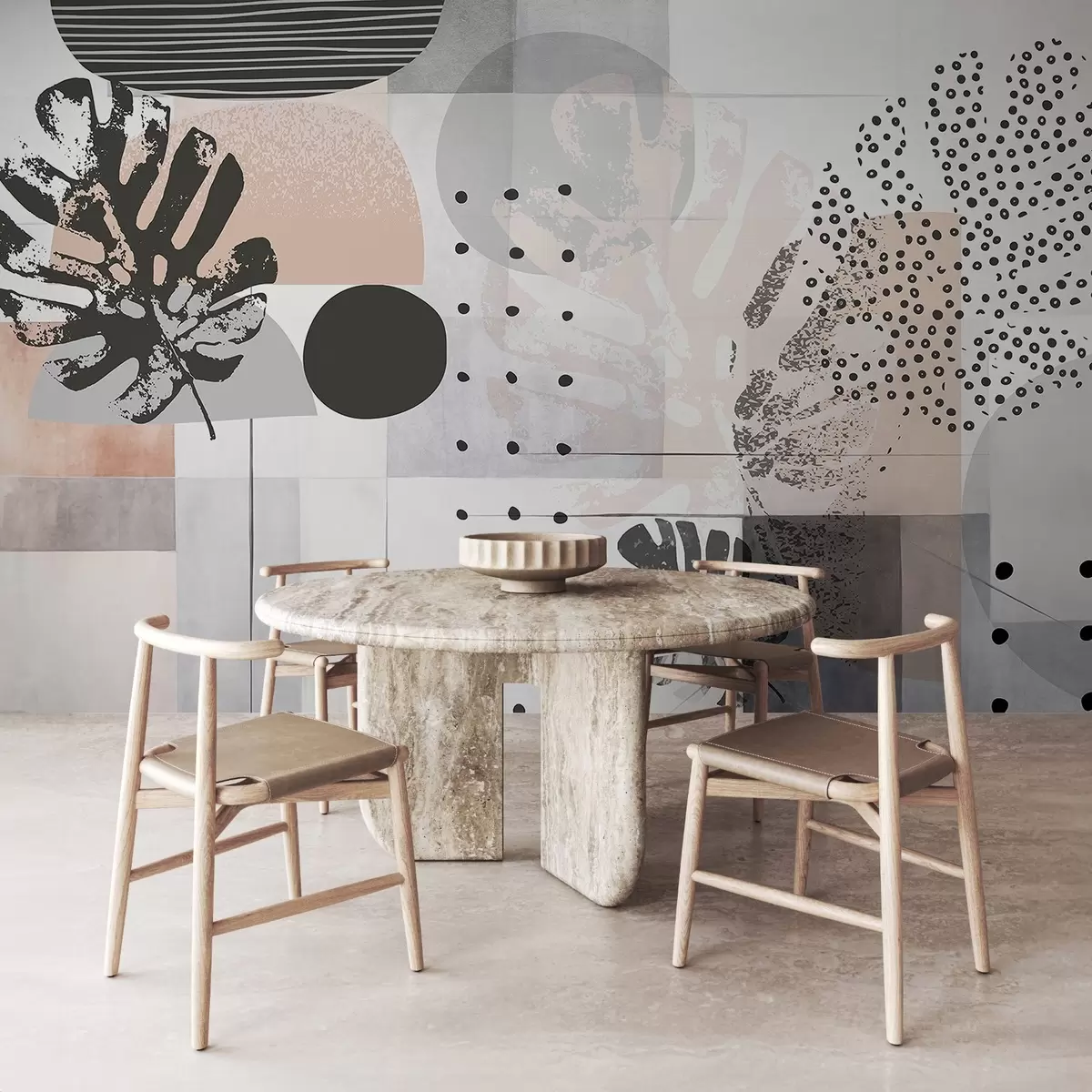 fototapeter Abstrakt trykk med geometriske former og tropiske monstera-blader, sirkler, prikker og linjer, moderne og minimalistisk design w09333