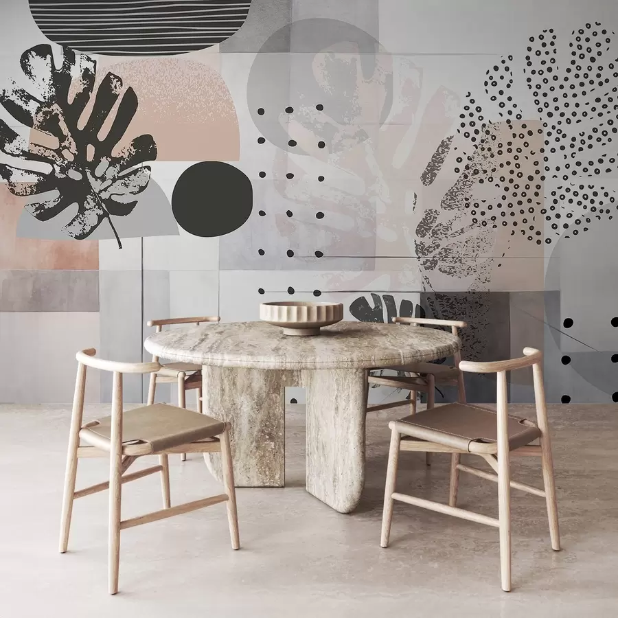 fototapeter Abstrakt trykk med geometriske former og tropiske monstera-blader, sirkler, prikker og linjer, moderne og minimalistisk design w09333