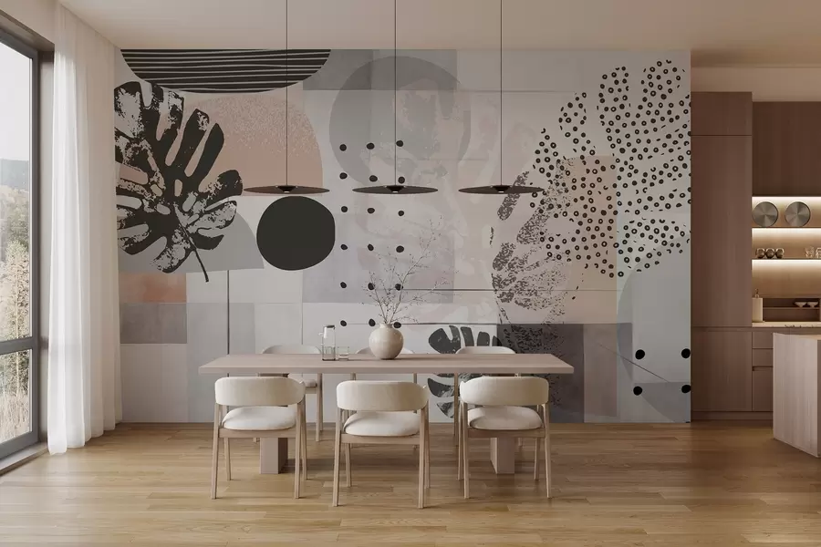 fototapeter Abstrakt trykk med geometriske former og tropiske monstera-blader, sirkler, prikker og linjer, moderne og minimalistisk design w09333