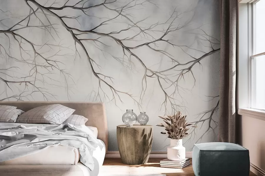 fototapeter Tregrener med akvarelltekstureffekt, intrikate detaljer, myk fargepalett, mot en lys bakgrunn w09337