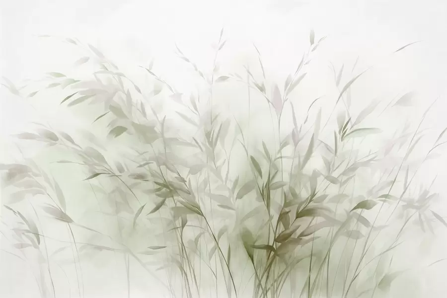 fototapeter Gress og ugress med tynne blader og stengler, lysegrønne og brune farger, myke og delikate penselstrøk, minimalistisk trykk w09342