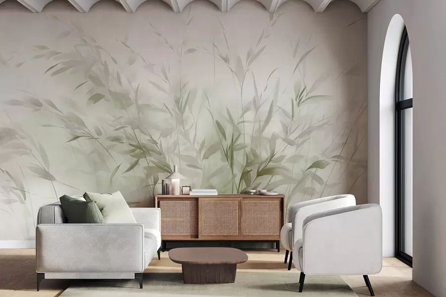 fototapeter Gress og ugress med tynne blader og stengler, lysegrønne og brune farger, myke og delikate penselstrøk, minimalistisk trykk w09342