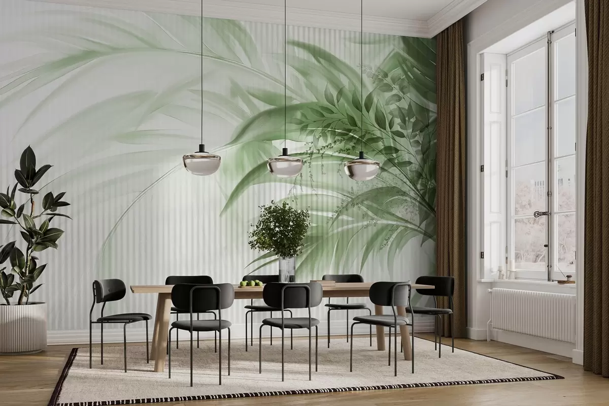 fototapeter Palme tropiske grønne blader med hvit stripete bakgrunn, myk belysning, delikate penselstrøk, organiske former w09343