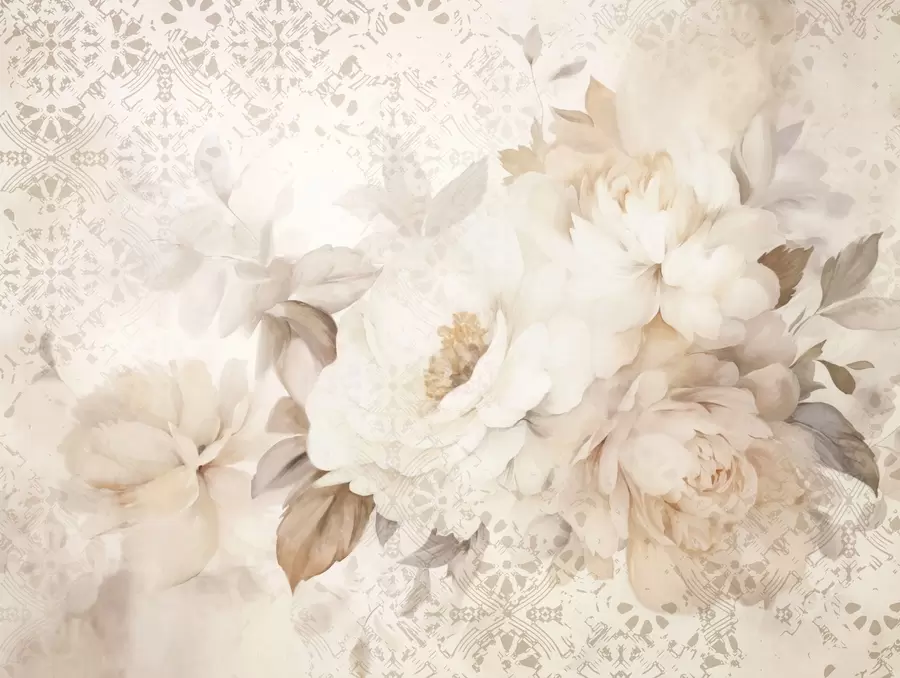 fototapeter Et blomsterarrangement av hvite pioner med beige blader, satt mot en dekorativ bakgrunn med vintage-tekstur w09345