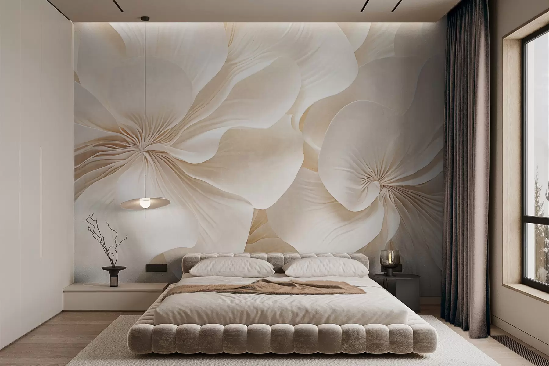 fototapeter Nærbilde av blomster med kremaktig tekstur og delikate, flytende kronblader som skaper et mykt, elegant og strukturert blomsterarrangement w09346