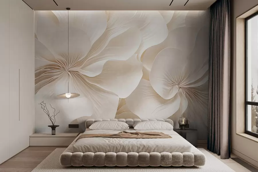 fototapeter Nærbilde av blomster med kremaktig tekstur og delikate, flytende kronblader som skaper et mykt, elegant og strukturert blomsterarrangement w09346