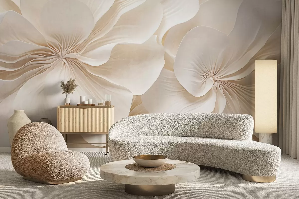 fototapeter Nærbilde av blomster med kremaktig tekstur og delikate, flytende kronblader som skaper et mykt, elegant og strukturert blomsterarrangement w09346